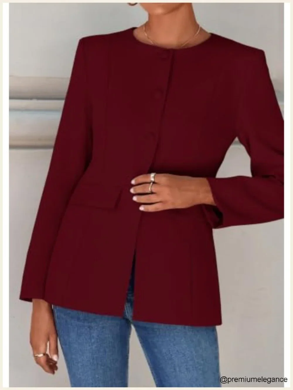 Women's Crew Neck Long Sleeve Blazer Button Down Suit Jacket